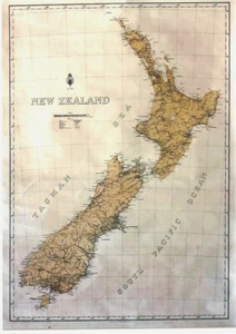 Cartel original vintage mapa geográfico de Nueva Zelanda c.1920 - Imagen 1 de 1