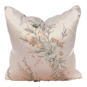 Blush Elegance Silk & Beads Embellished Luxury Throw Pillow - Insert Included - Picture 1 of 14