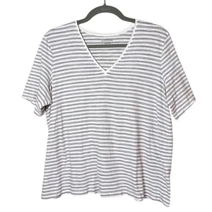 Eileen Fisher T-Shirt Bio Baumwolle gestreift V-Ausschnitt Kurzarm weiß Medium - Bild 1 von 6
