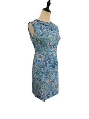 Vtg 60s Mod Shift Dress Floral Satin Sleeveless Peter Pan Collar Blue Pink Green - Image 1 of 4