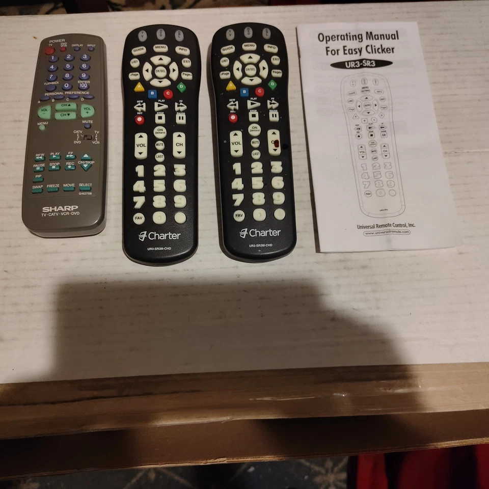 3 Remote Controls: *Sharp TV VCR DVD, 2x Universal Remote Charter* - Image 1 of 1