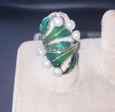 925纯银绿色珐琅和珍珠漩涡戒指(6码)! — 第 1/4 张图片