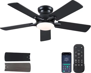 48In Ceiling Fans with Lights Flush Mount - Black Low Profile Ceiling Fan with 5 - Picture 1 of 9