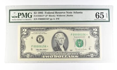 1995 $2 Atlanta GA FRN Fr#1936-F* Star Error Gem Unc 65 EPQ PMG Low Serial *5466 - Image 1 of 3