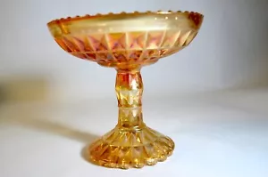EUC CARNIVAL GLASS ORANGE PEDESTAL IRIDESCENT COMPOTE VINTAGE CANDY DISH - Picture 1 of 6