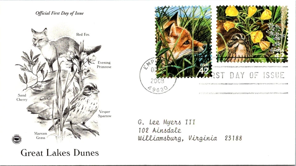 FDC 2008 SC #4352 Red Fox & Sparrow - Empire MI - Pair - J2056 - Image 1 of 2