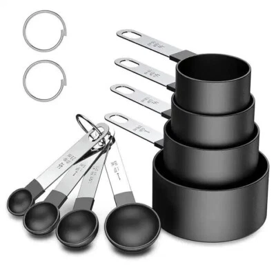 Measuring Cups and Spoons Set of 8 pcs Stackable Black Plastic Baking Cooking - Image 1 of 4