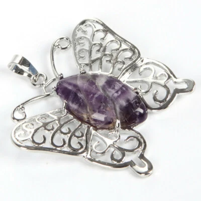 Butterfly Genuine Amethyst Agate Jasper Moonstone Gems Silver Necklace Pendants - Image 1 of 4