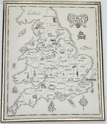 Vintage Framed  Hand Stitched Map Of England And Wales  20.5  X 16.5  • 58.58$