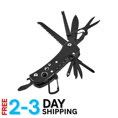 Durable 15-in-1 Pocket Knife with Black Finish and Nylon Pouch for Outdoor Use - Image 1 of 4