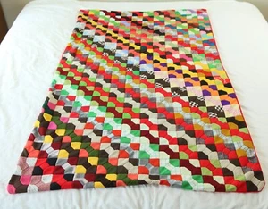 FLAWS Handmade 70s Polyester 68" x 40" Lap Quilt Bowtie Colorful Throw Patchwork - Picture 1 of 18