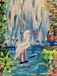 Original Artwork Heron at Waterfall Bird Acrylic ACEO Handmade Signed By Artist - Picture 1 of 5