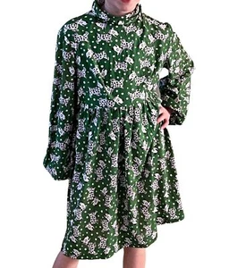 Vintage Handmade Dress Green w/ Purple Polka Dot Dog Print Romper Room Style - Picture 1 of 10