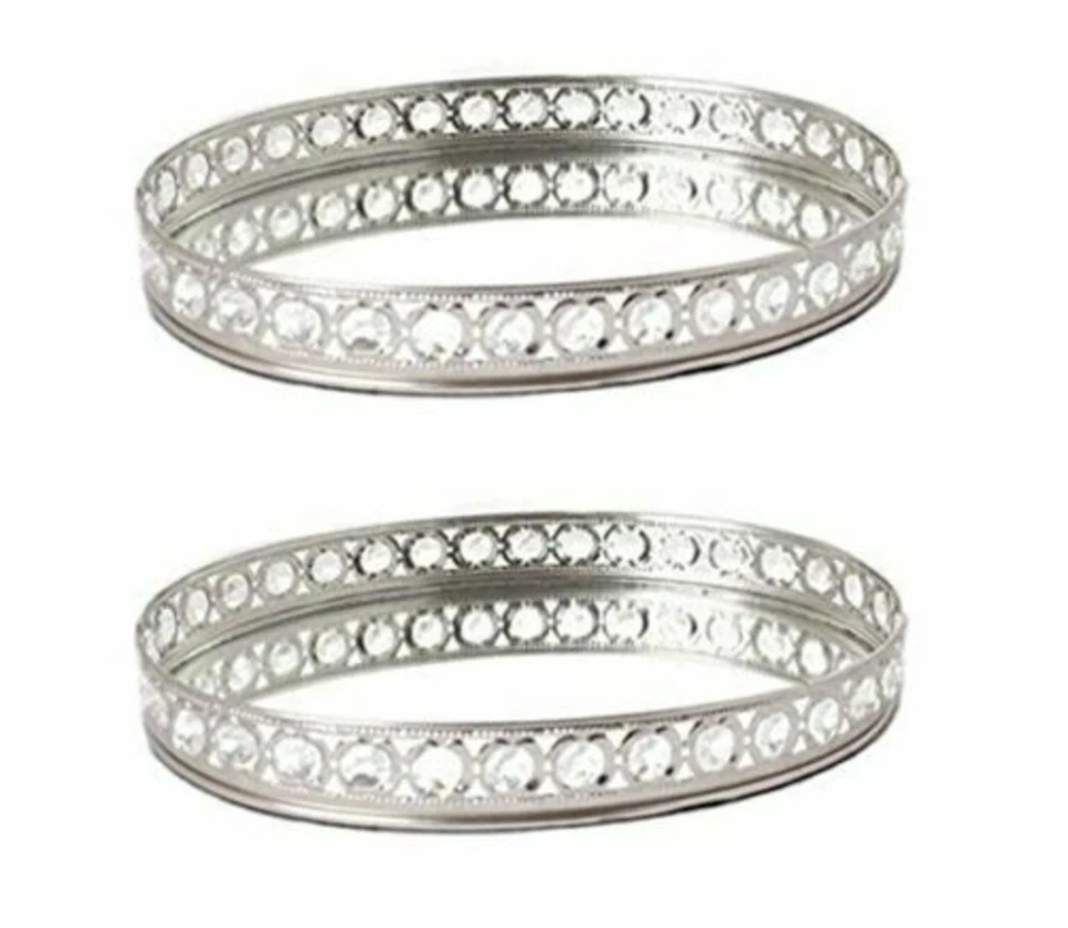 2 PACK SIL Large 35cm Mirrored Tray w/ Crystals for Wedding Party & Gift OR0772