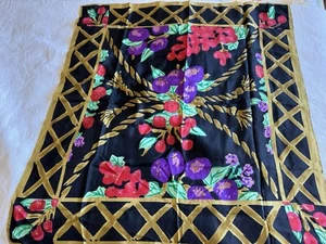 black silk scarf 32” Square Fruit Vegetables Flowers Palms Rolled Hem FLAWS 040 - Picture 1 of 14