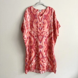 Chicos 100% Linen Pink Tunic Wedge Dress Size 2 Vacation Resort Kaftan - Picture 1 of 10
