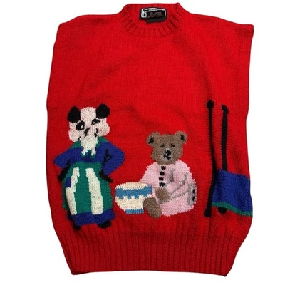 Vintage Berek Sweater Goldilocks 3 Bears Wearable Art Red Wool Hand Knit - Image 1 of 4