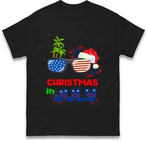 Christmas in July Shirt, Palm Tree Santa Hat USA Flag, Funny Summer Holiday Tee - Picture 1 of 8