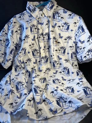 Camisa Hawaiana Ralph Lauren Para Hombres Lg Blanca Flamenco Piña Tabla de Surf Campamento Foto 1 de 4
