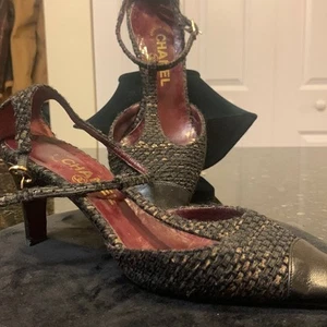 CHANEL black tweed T STRAP shoes - Picture 1 of 12