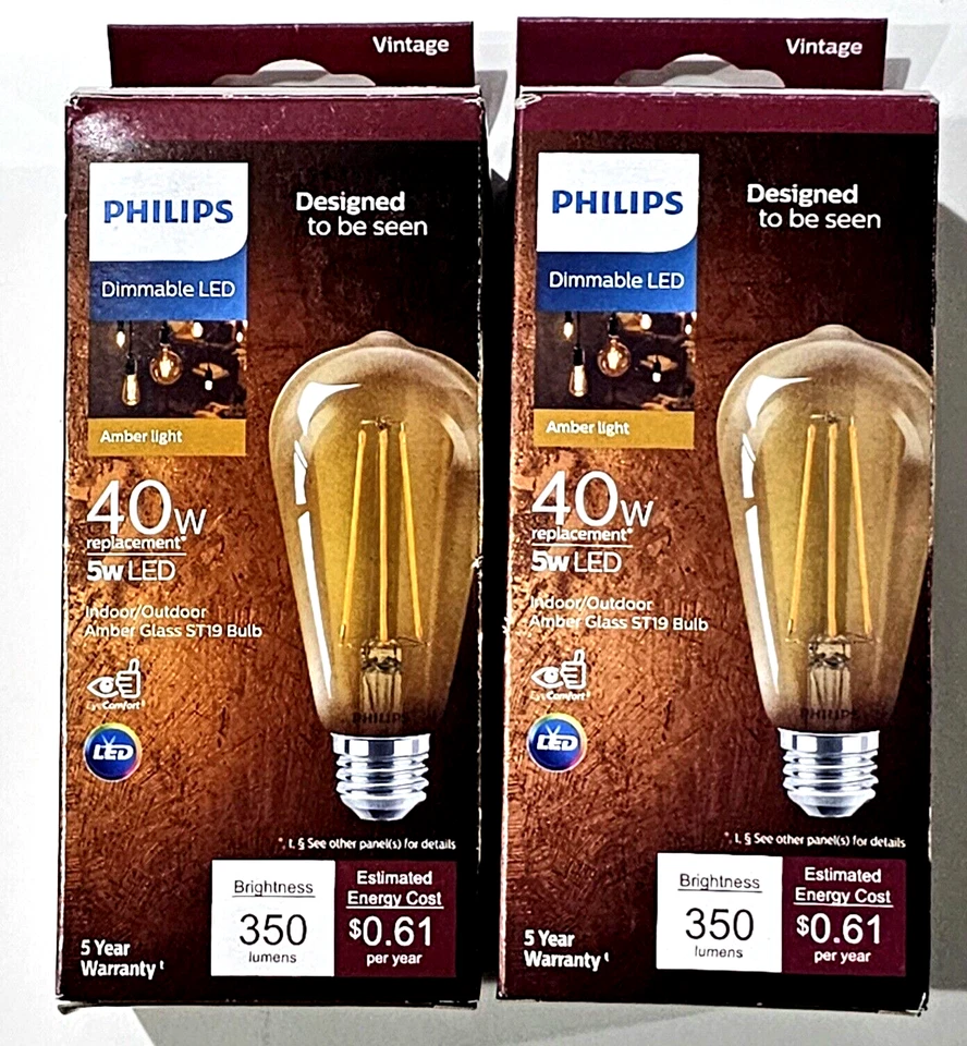 2 packs Phillips dimmable LED 40w Replacement 5w light Vintage light bulb e26 - Image 1 of 1