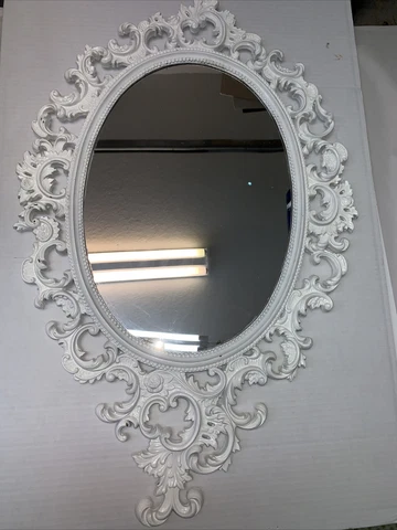Wall Mirror Ornate White Filigree Oval Victorian Italian Scroll Rococo 33x21” Cover