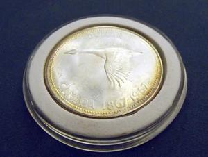 Golden Nearly Rainbow Toned Brilliant Gem 1967 Canada 800 Silver Dollar w HOLDER - Picture 1 of 7
