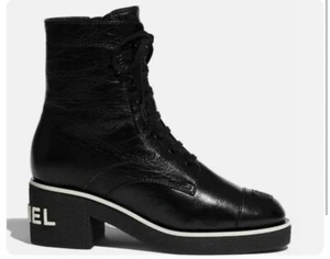 Chanel 21C Black Patent White Logo Combat Lace Up Tie Ankle Short Heel Boot 37 - Picture 1 of 9