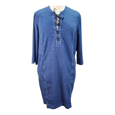 Vestido Camisa Vaquera J Jill 4X Azul Jean Dobladillo Crudo Manga 3/4 Cambray Bolsillo con Cordones Foto 1 de 4