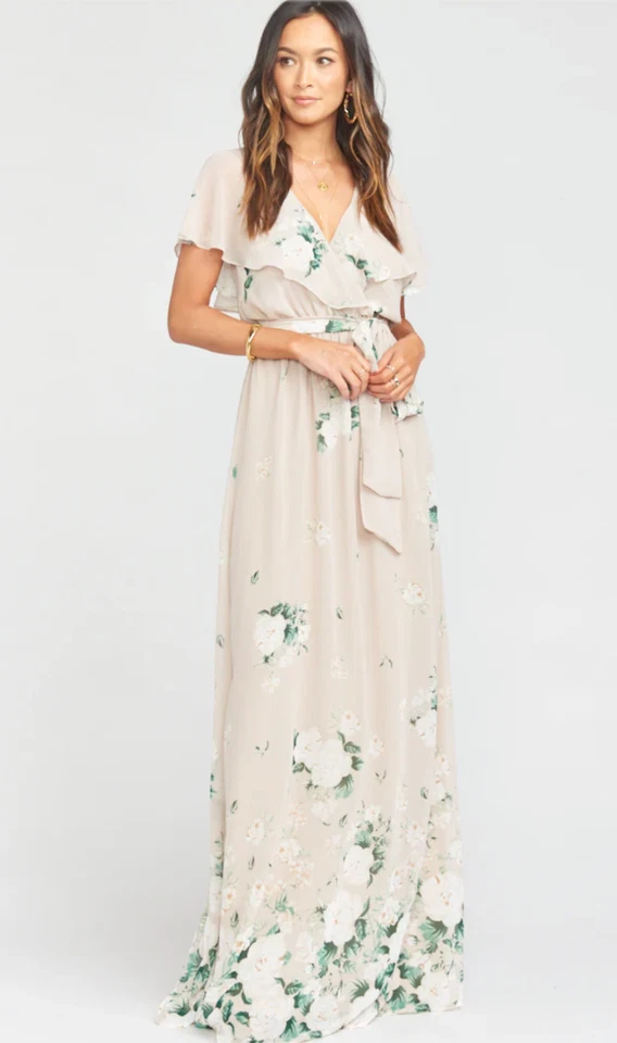 Maxi Vestido Show Me Your Mumu Floral Volantes Beige Verde Pequeño Invitado Boda Foto 1 de 4
