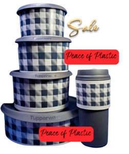 Tupperware NUEVO Buffalo Plaid Blanco y Negro Juego de 4 Botes con Vaso - Imagen 1 de 3