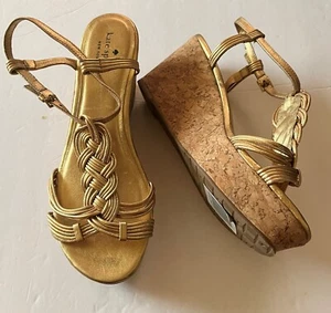 Fun Kate Spade Espadrilles/ 8.5/ Gold/ Cork Heel - Picture 1 of 7