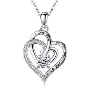CRYSTTAL Solitaire Twin Heart Pendant 925 Sterling Silver Zircon Women Necklace - Picture 1 of 10