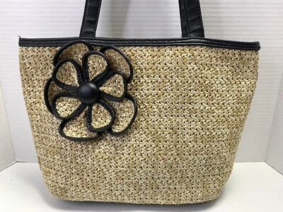 Bueno женщин сплетенный соломы черный отделки 3D цветок акцент наплечная сумка с короткими ручками сумочка - Изображение 1 из 4