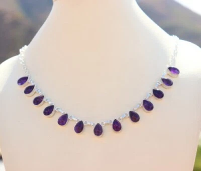 Purple Amethyst Gemstone 925 Sterling Silver Handmade Necklace Jewelry 18" - Image 1 of 4