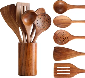 Holzlöffel zum Kochen, Tmkit Kochutensilien 6er Set Natur Teakholz - Bild 1 von 12