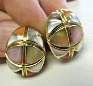 Stunning Asch Grossbardt 14k Gold Inlaid Gemstone Earrings Omega Back MAKE OFFER - Picture 1 of 8