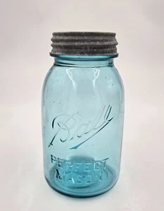 Tarro de albañil bola azul aguamarina cuarto de galón perfecto 7" #1 tapa de zinc antiguo años 20 - Imagen 1 de 5