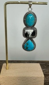 Ciondolo stile nativo sud-ovest argento sterling bufalo bianco e turchese 2,5" - Foto 1 di 6