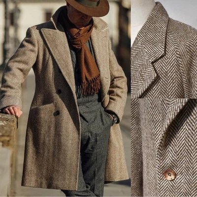Herringbone Men Double Breasted Overcoat Tweed Regular Fit Cowboy Versatile - Image 1 of 4