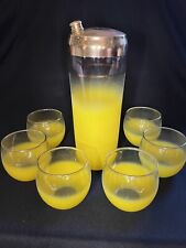Vintage MCM BLENDO Lemon Yellow Cocktail Shaker & 6 Roly Poly Glasses Set