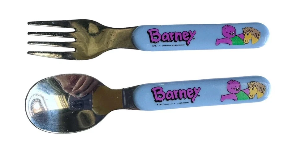 Juego de cuchara tenedor vintage Barney Childs 1997 utensilios caballo amarillo acero inoxidable Foto 1 de 4