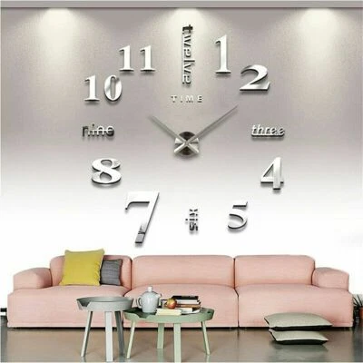Novelty Stick-on Large Wall Clock 3D DIY Mirror Sticker Surface Home Decor Art - Image 1 of 4