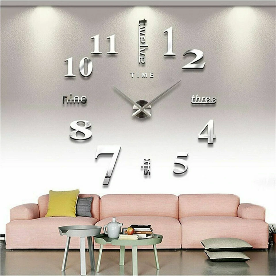 Novelty Stick-on Large Wall Clock 3D DIY Mirror Sticker Surface Home Decor Art - Image 1 of 4