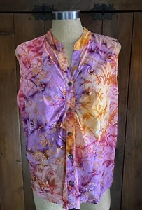 Shaver Lake Pink Orange Floral Artsy Art To Wear Batik Sleeveless Shirt XL - Picture 1 of 6
