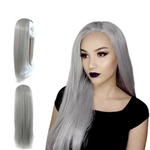 Long Straight Synthetic Wigs Party White Gray Full Wig High Temperature Heat USA - Picture 1 of 9