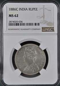 British India 1886(C) Rupee NGC MS62 - A Rare Coin - Picture 1 of 2