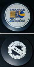 SASKATOON BLADES VINTAGE WHL SHIELD OFFICIAL INGLASCO CANADA HOCKEY PUCK