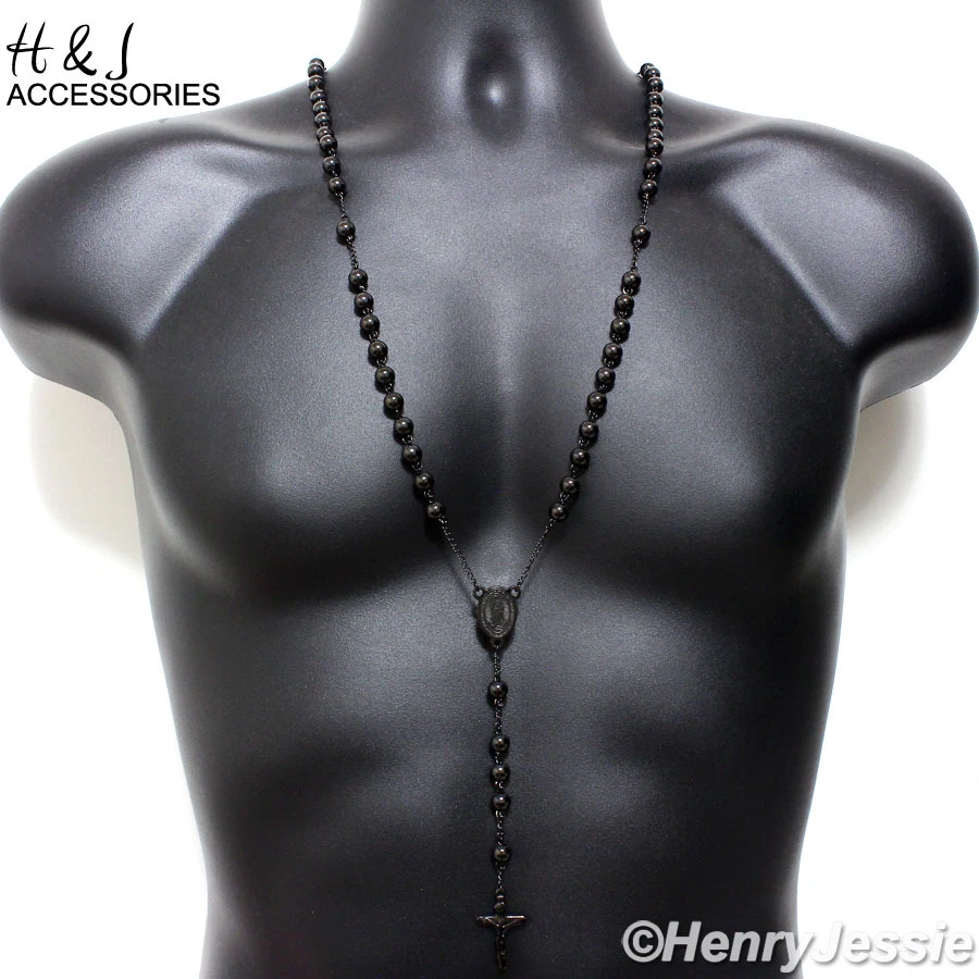 Collar Rosario Cuentas Chapadas en Oro Negro/Plateado 8mm HOMBRE Acero Inoxidable 30"+5" Foto 1 de 1