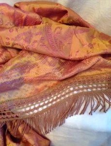 Antique 1900s Italian Large Damask Silk 5" FRINGE Bedspread Coverlet GOLD PINK - Picture 1 of 12